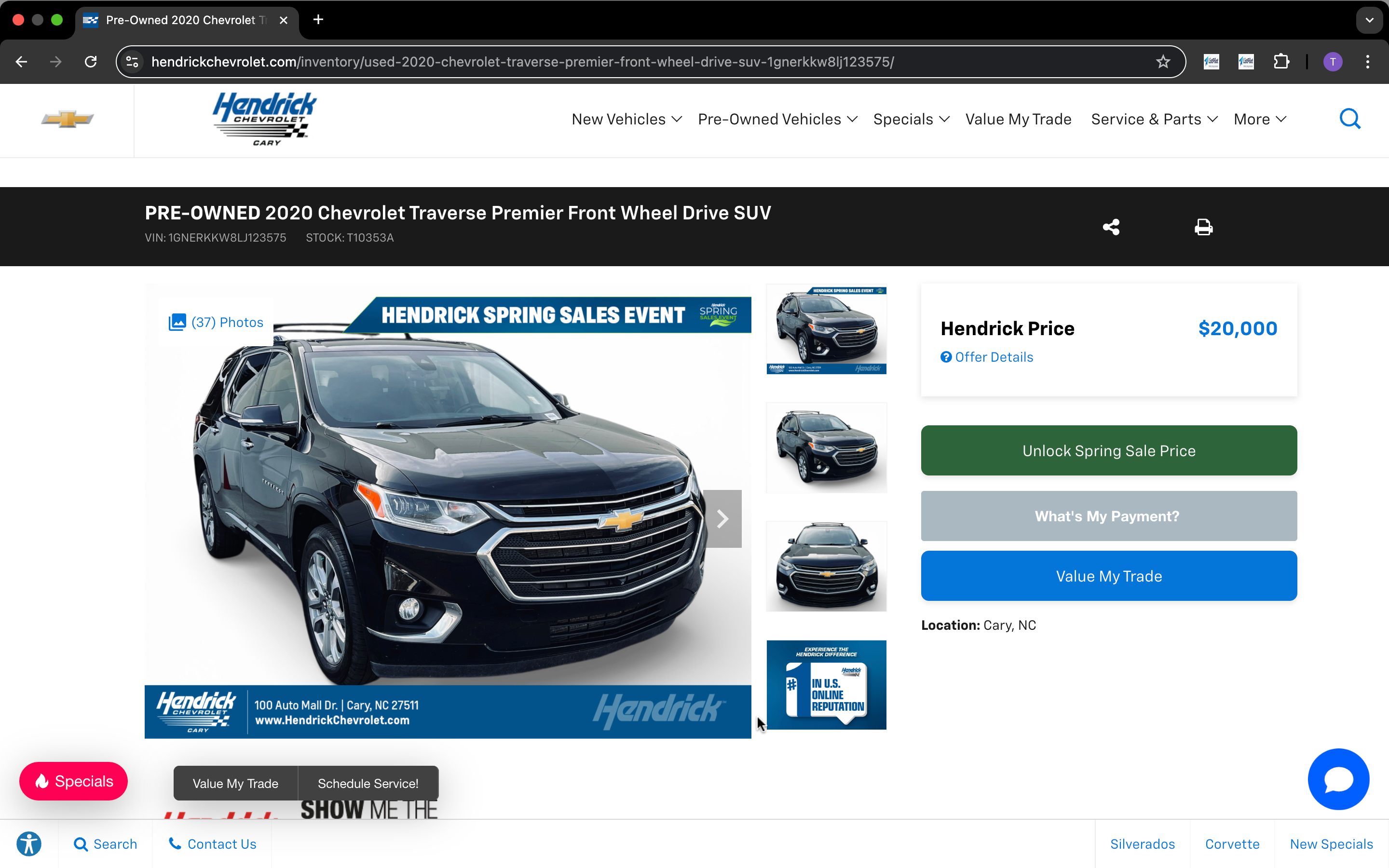 Hendrick Chevrolet vehicle detail page for a 2020 Chevrolet Traverse with ListPilot extension active