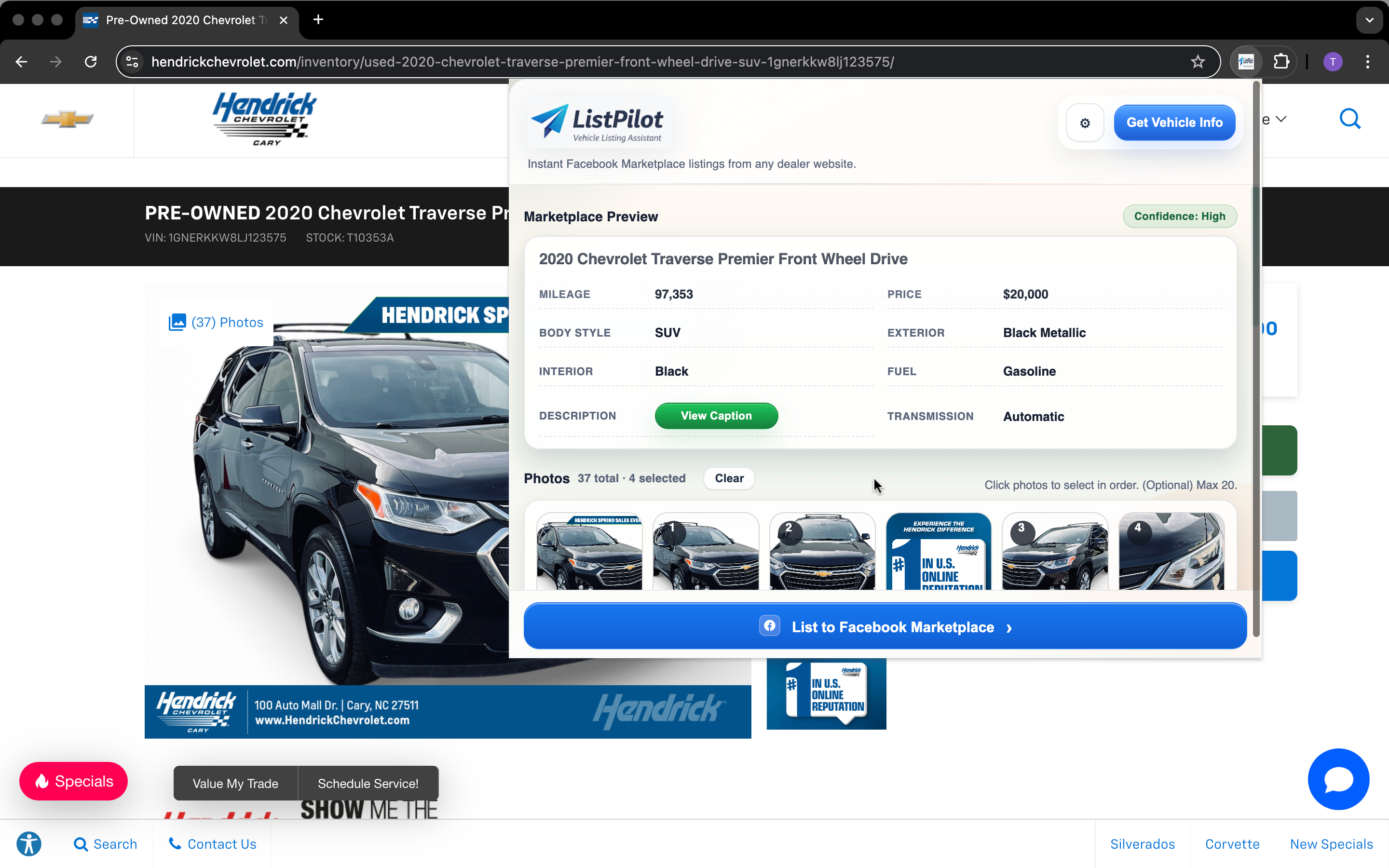 ListPilot Marketplace Preview showing 2020 Chevrolet Traverse with all vehicle details populated and 4 photos selected