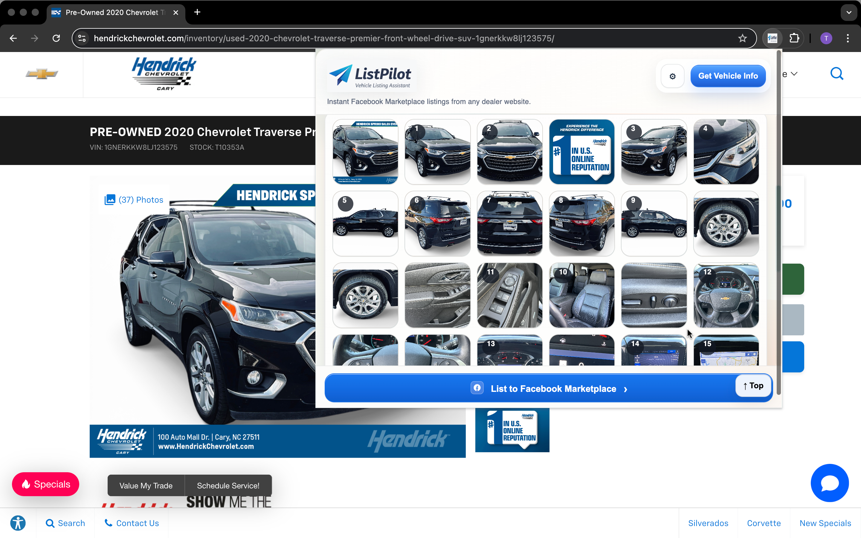 ListPilot photo selection grid showing all vehicle photos from the dealership numbered and ready to select