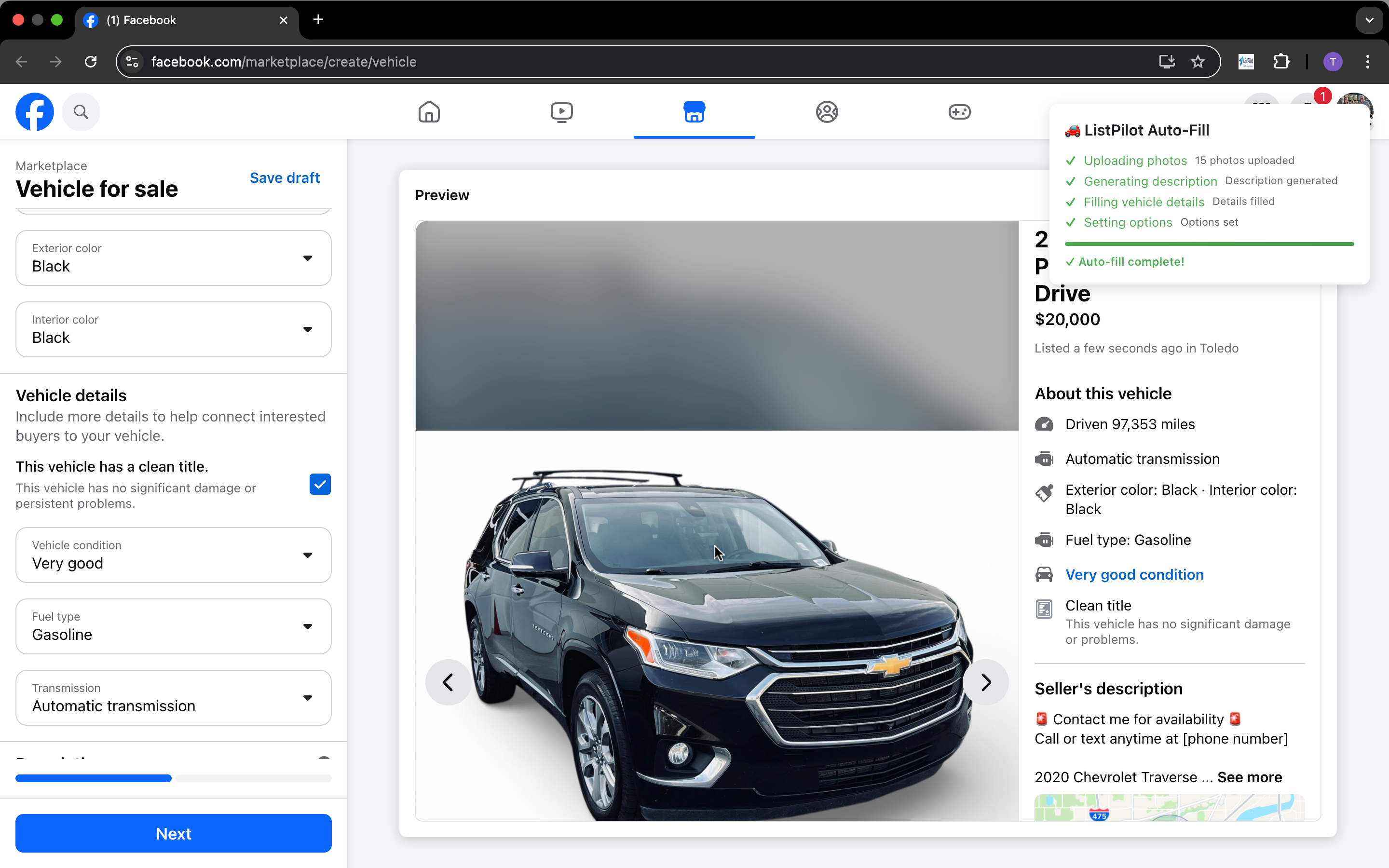 Facebook Marketplace Vehicle for Sale form with ListPilot Auto-Fill complete — all fields filled, photos uploaded, description generated