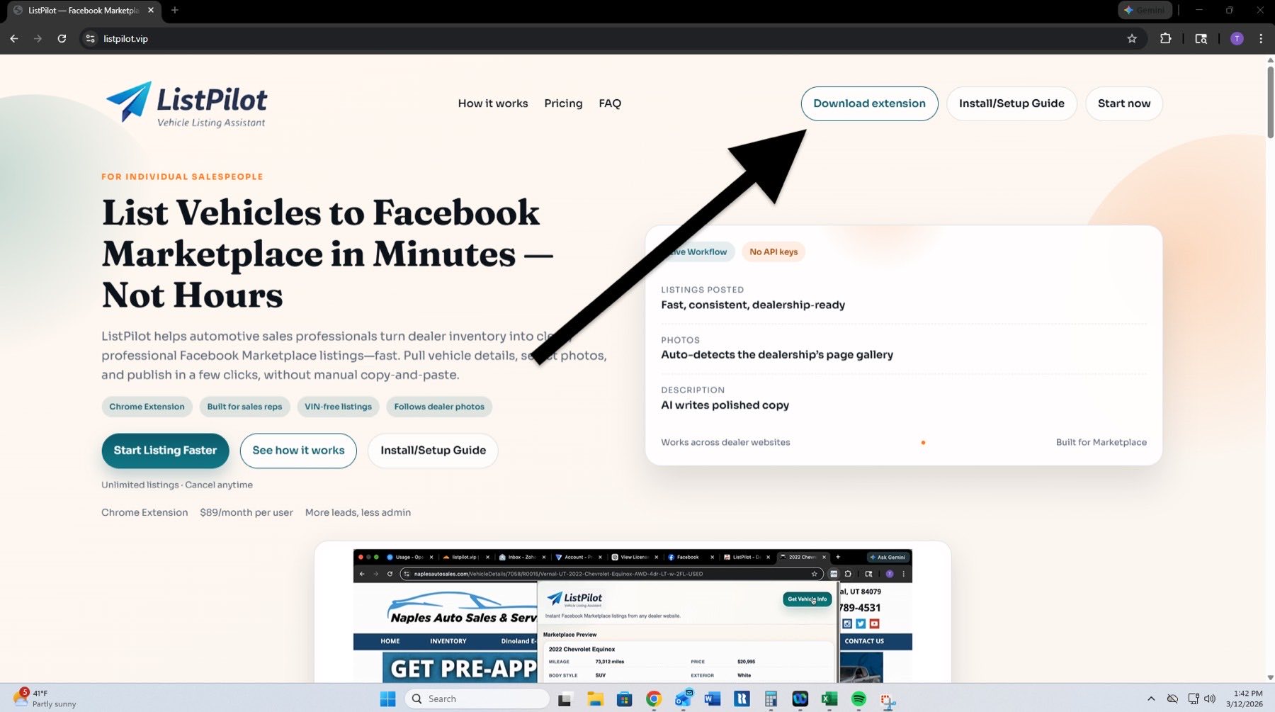 ListPilot website with arrow pointing to the Download extension button