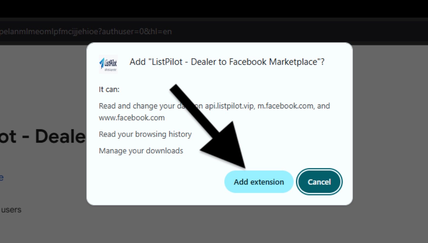 Chrome confirmation dialog with arrow pointing to Add extension