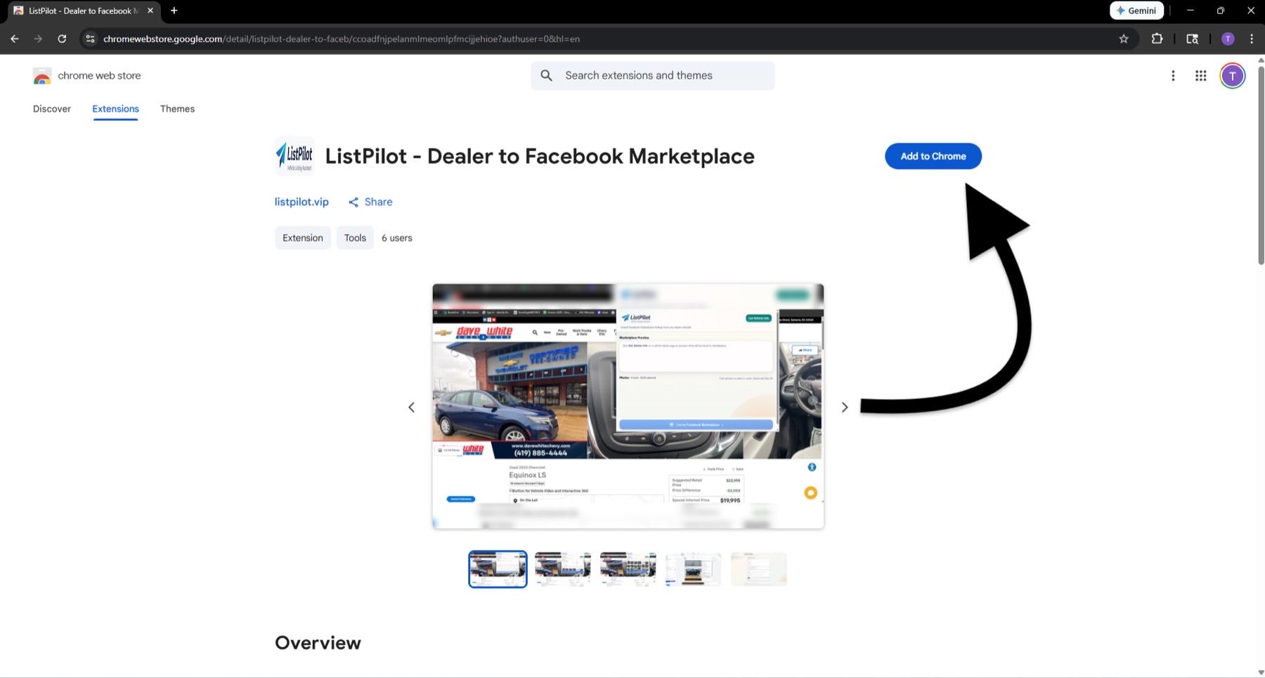Chrome Web Store page with arrow pointing to Add to Chrome button