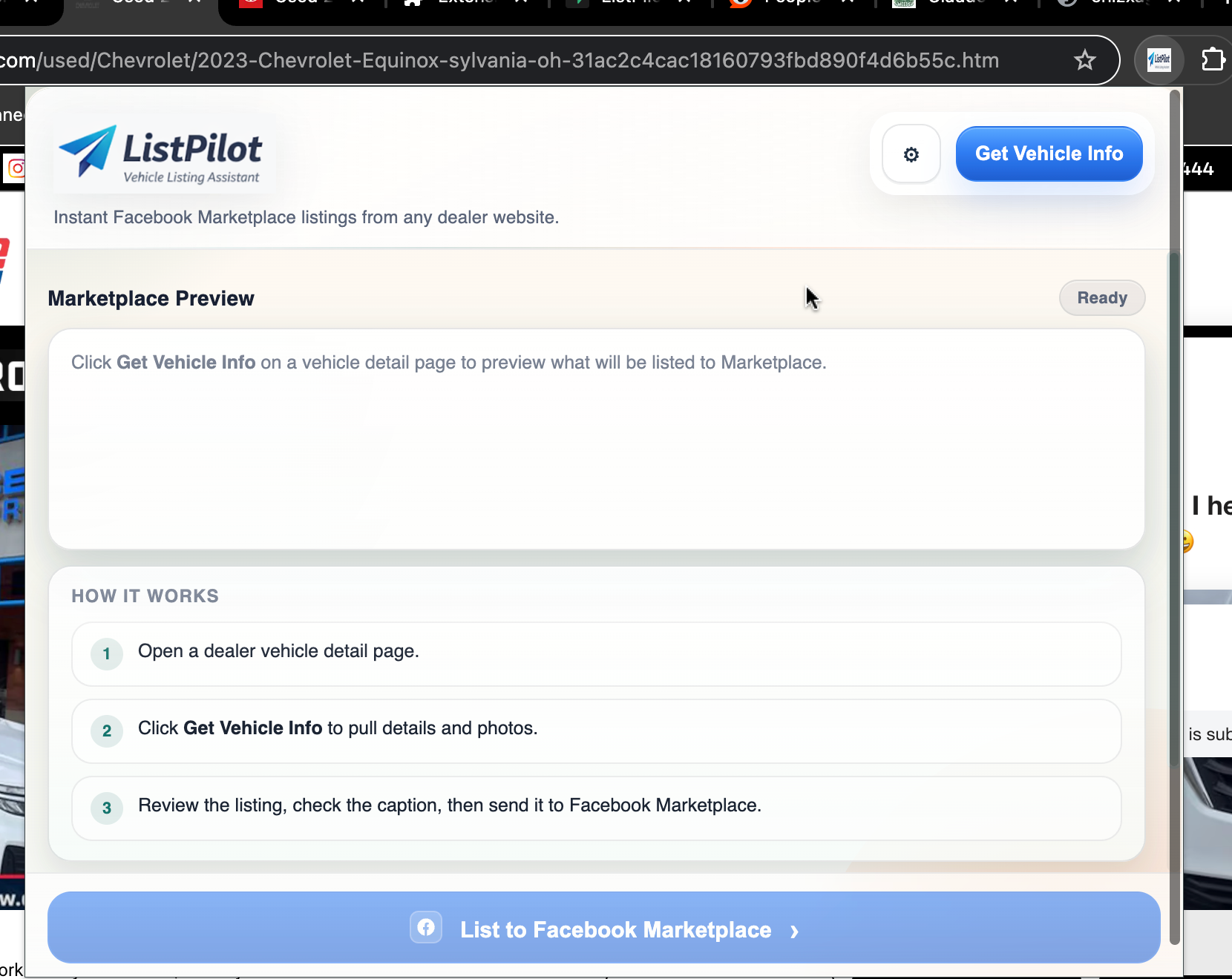 ListPilot popup with the settings button highlighted