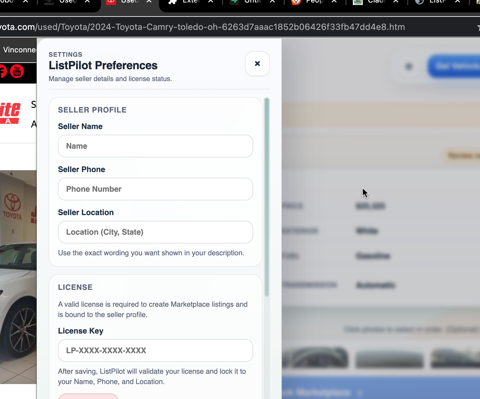 ListPilot settings drawer with seller profile and license fields