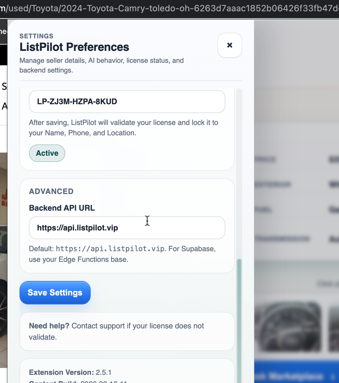 ListPilot settings drawer used during onboarding and team rollout