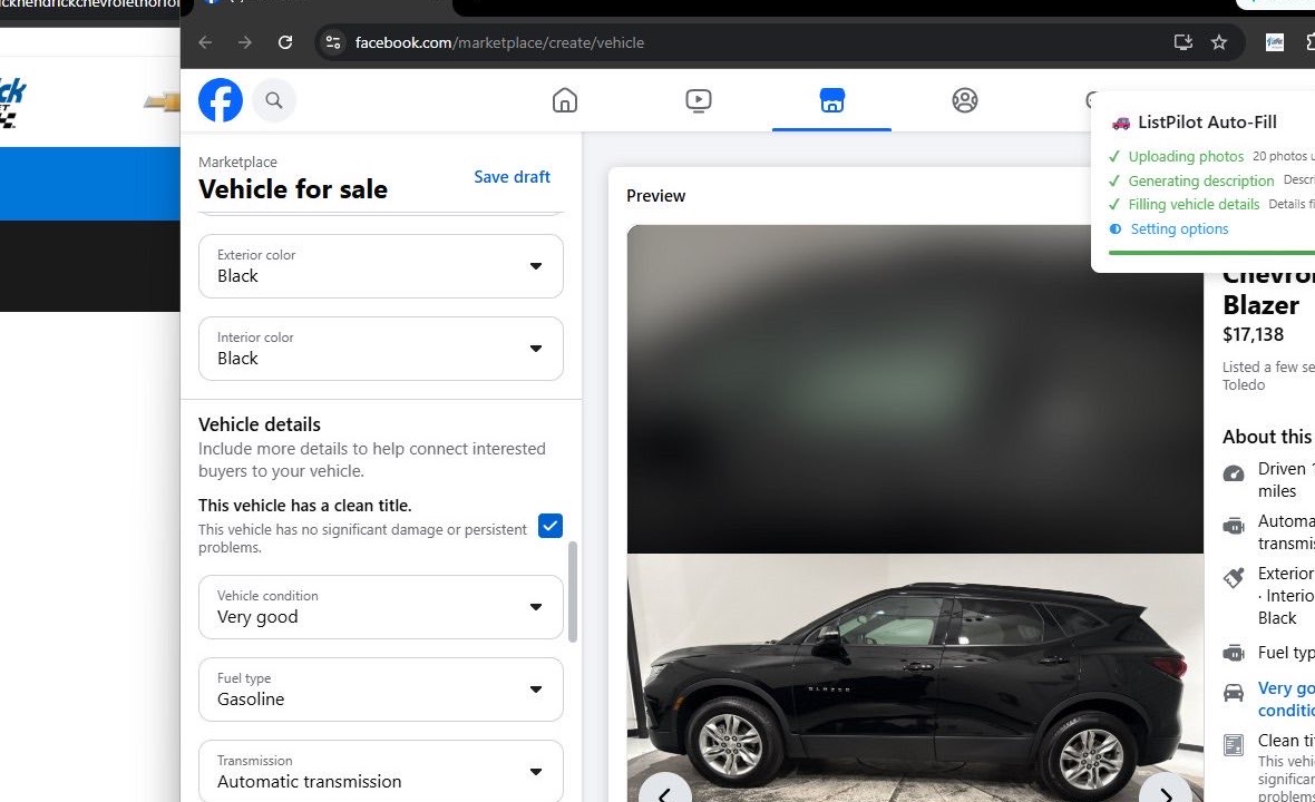 Facebook Marketplace form prepared by ListPilot for final review